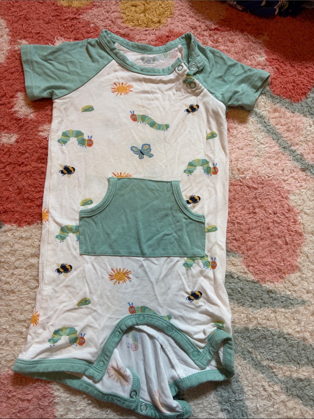Kyte BabyShort-Sleeve Baby Romper in Mint Green and White with Caterpillar Print
